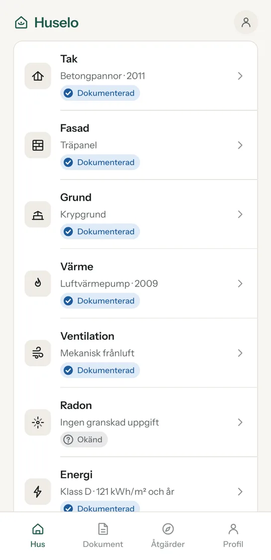 Husets delar i Huselo: tak, fasad, grund, värme, ventilation och radon, var och en med sitt evidensmärke.