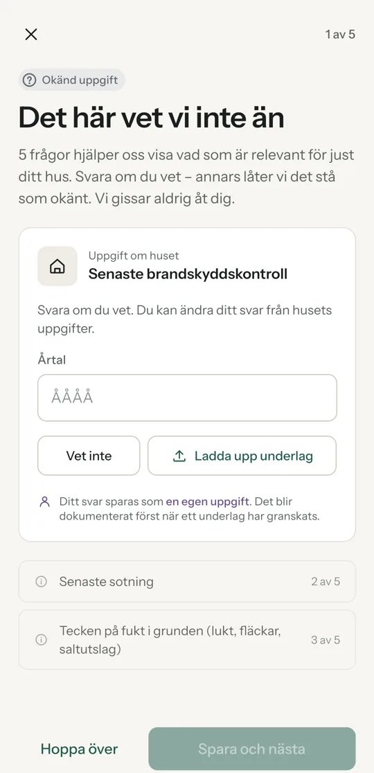 Skärmen Det här vet vi inte än i Huselo, med svarsfält, Vet inte och Ladda upp underlag.